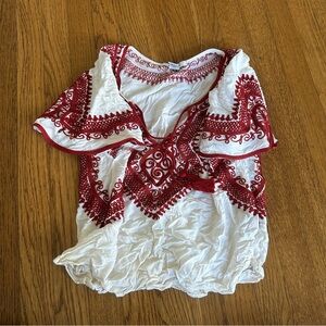 Forever 21 Red Embroidered Short Sleeve Blouse